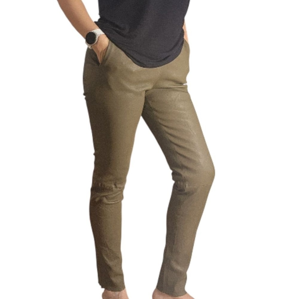 Genuine Lambskin Leather Pants Women Small Olive Green Luxury Minimalist Premium